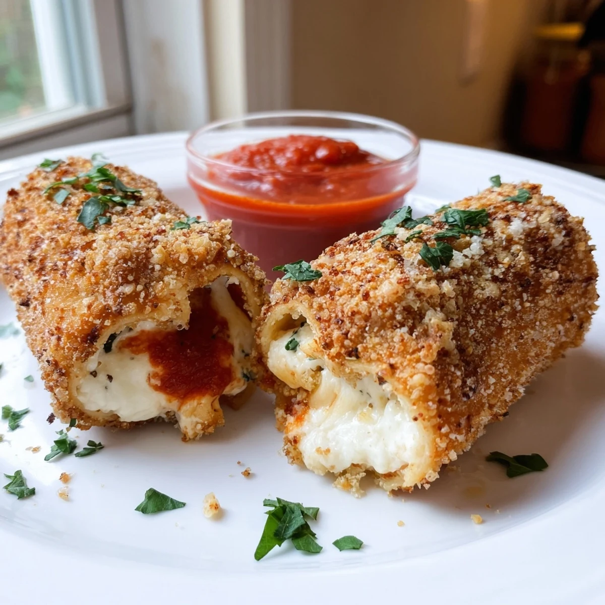 Crunchy breadcrumb-coated air fryer lasagna fritta garnished with fresh parsley on a rustic plate