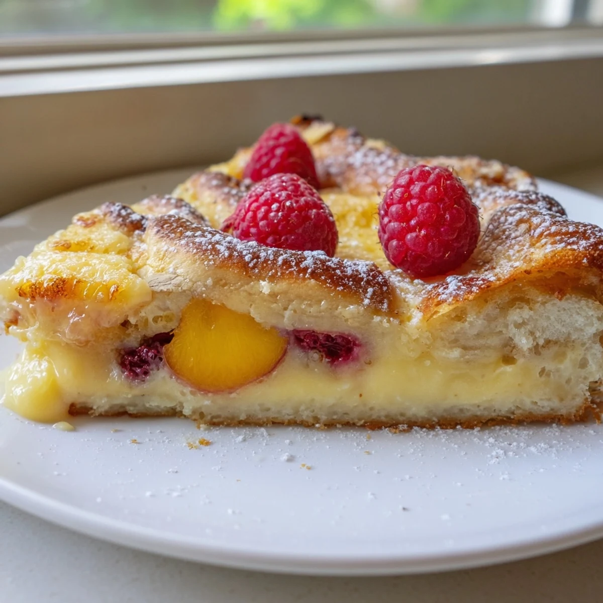 Golden baked custard brioche pizza fresh from the oven with caramelized edges