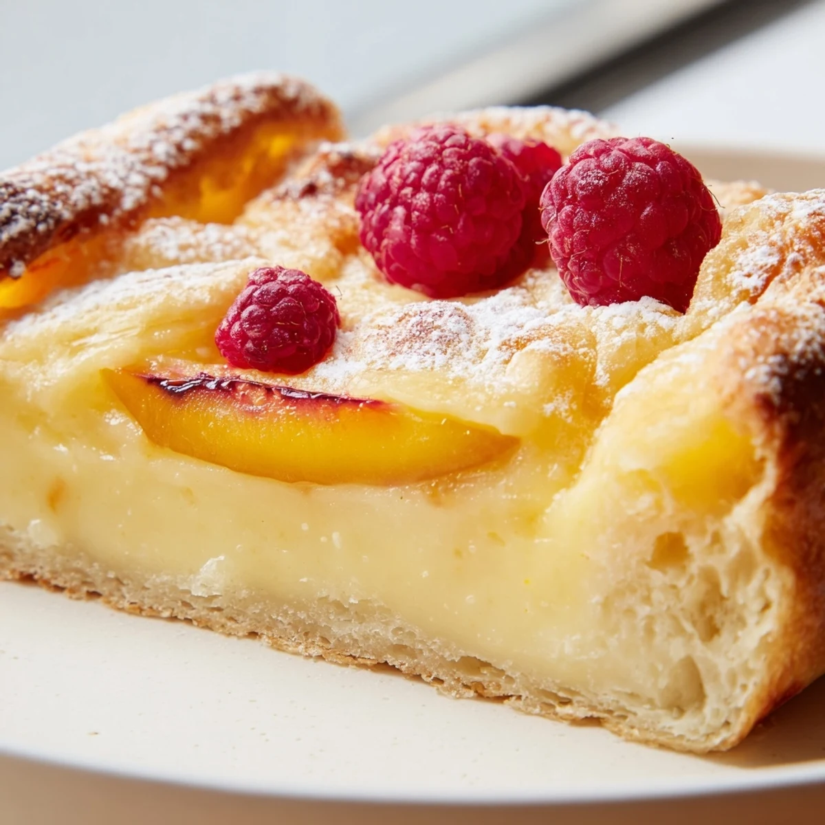 Silky vanilla custard blankets pillowy brioche dough on this sweet dessert pizza