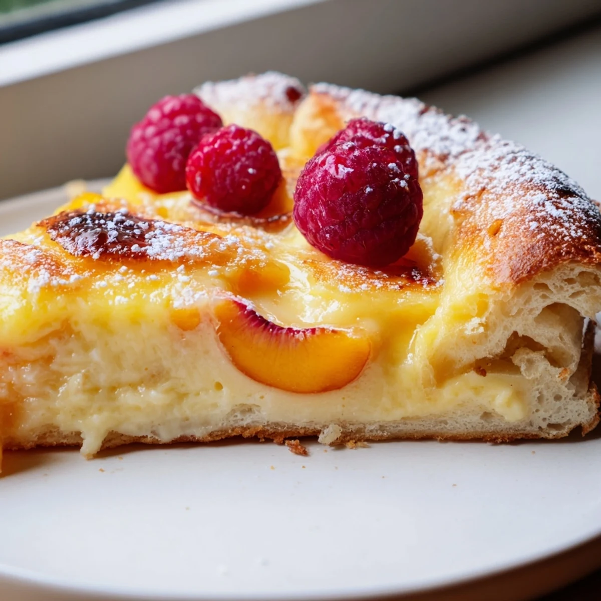 Warm baked custard brioche pizza slice dusted with powdered sugar and fresh berries