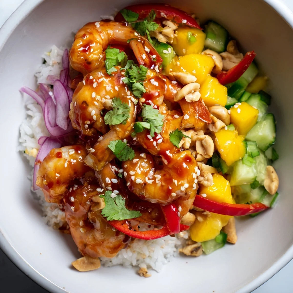 Sweet Chili Mango Shrimp Bowl served over fluffy jasmine rice with fresh avocado slices