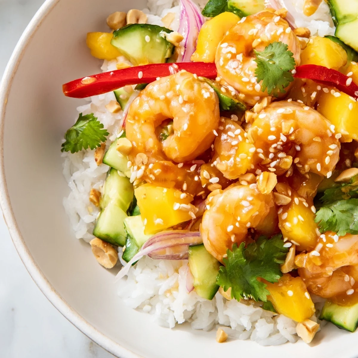 Glossy sweet chili mango shrimp bowl topped with crunchy peanuts and colorful crisp vegetables