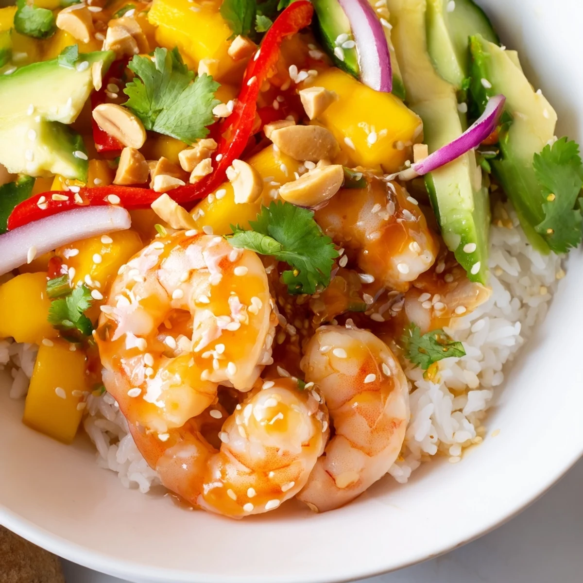 Vibrant sweet chili mango shrimp bowl drizzled with tangy lime sauce in a white dish