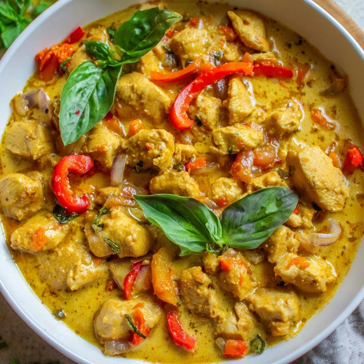 Golden basil chicken simmered in rich coconut curry sauce with fresh herb garnish