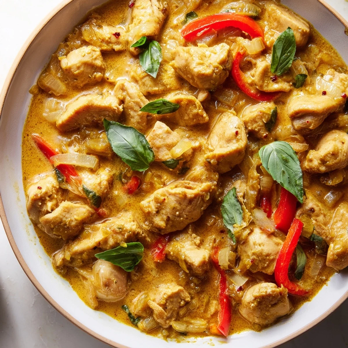 Creamy basil chicken with coconut curry sauce served over steamed jasmine rice