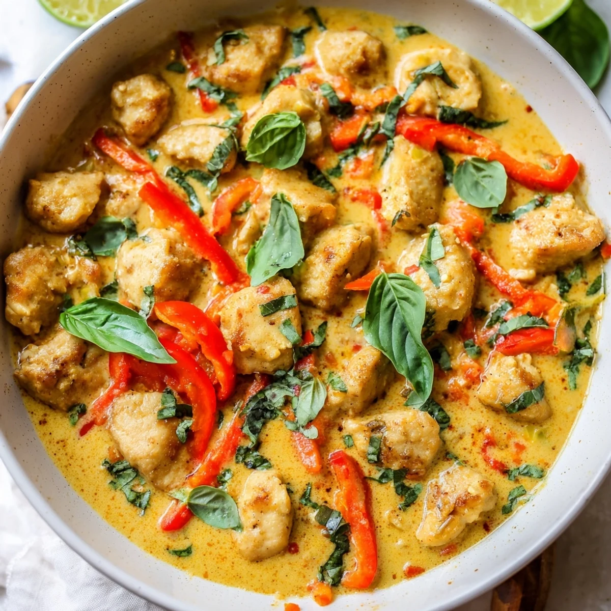 Tender basil chicken in spiced coconut curry sauce topped with bright basil leaves
