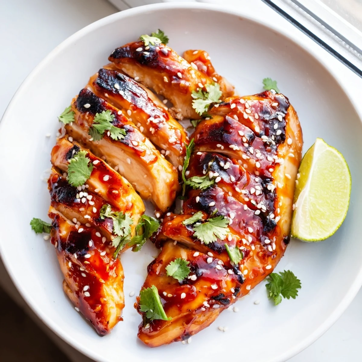 Juicy sweet chili grilled chicken sliced and garnished with sesame seeds and cilantro on a rustic plate