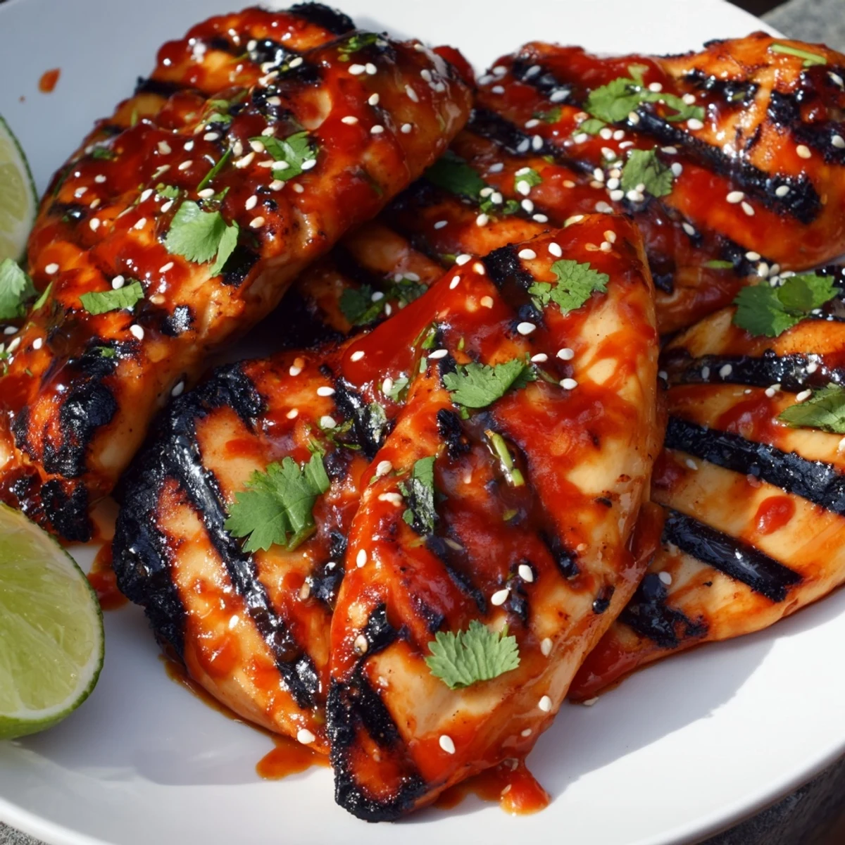 Close-up of sweet chili grilled chicken with charred grill marks served alongside fresh lime wedges and herbs