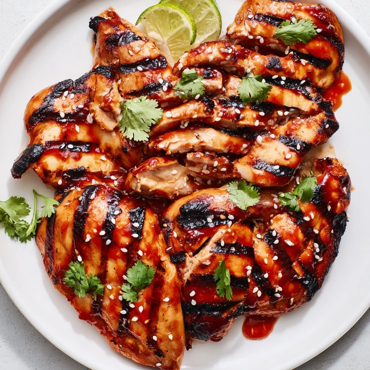 Golden sweet chili grilled chicken basted with glossy sauce resting atop a bed of steamed jasmine rice