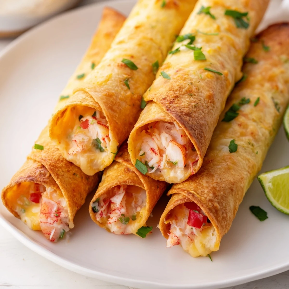 Baked crab and shrimp queso taquitos with melted cheese oozing from crunchy tortilla shells