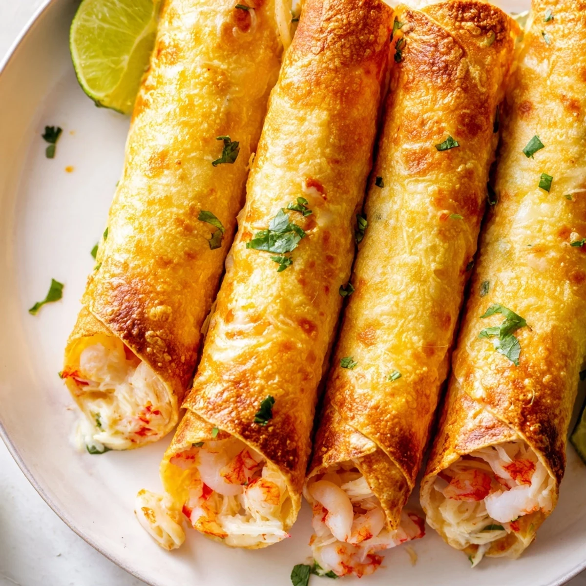 Golden crispy crab and shrimp queso taquitos served with fresh lime wedges and guacamole