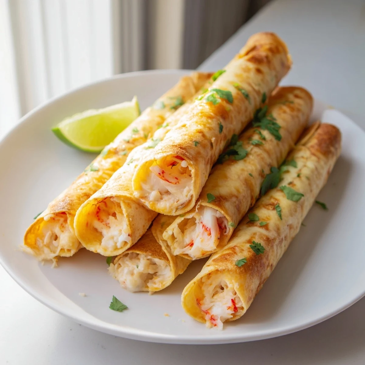 Plate of crab and shrimp queso taquitos topped with cilantro and served with salsa