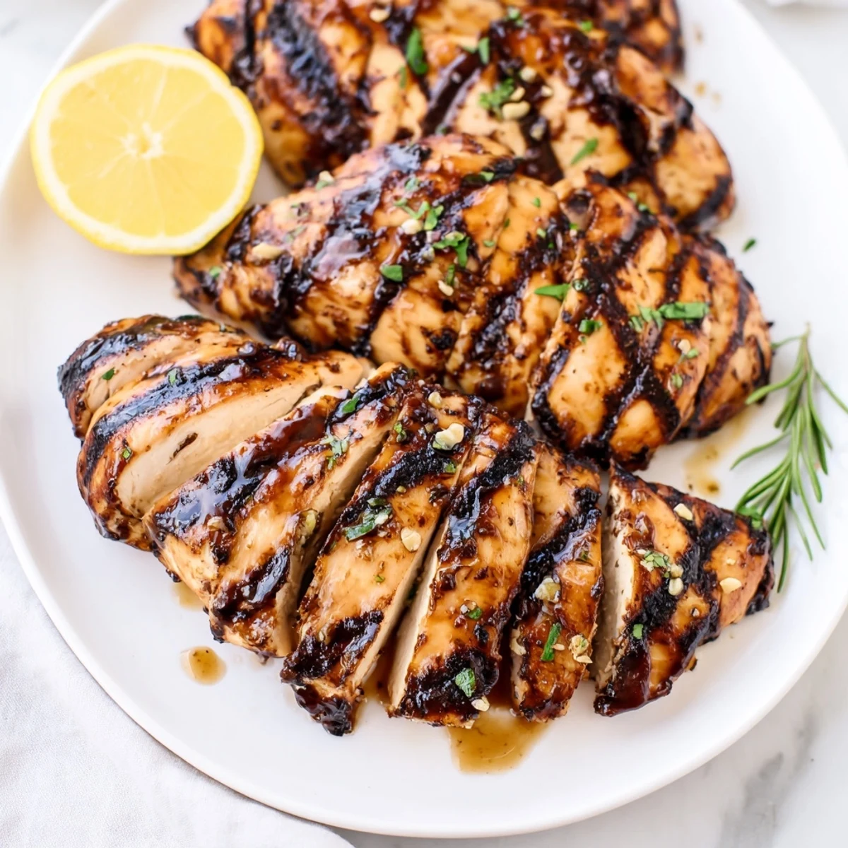 Juicy marinated balsamic chicken grilled golden with fresh rosemary and garlic