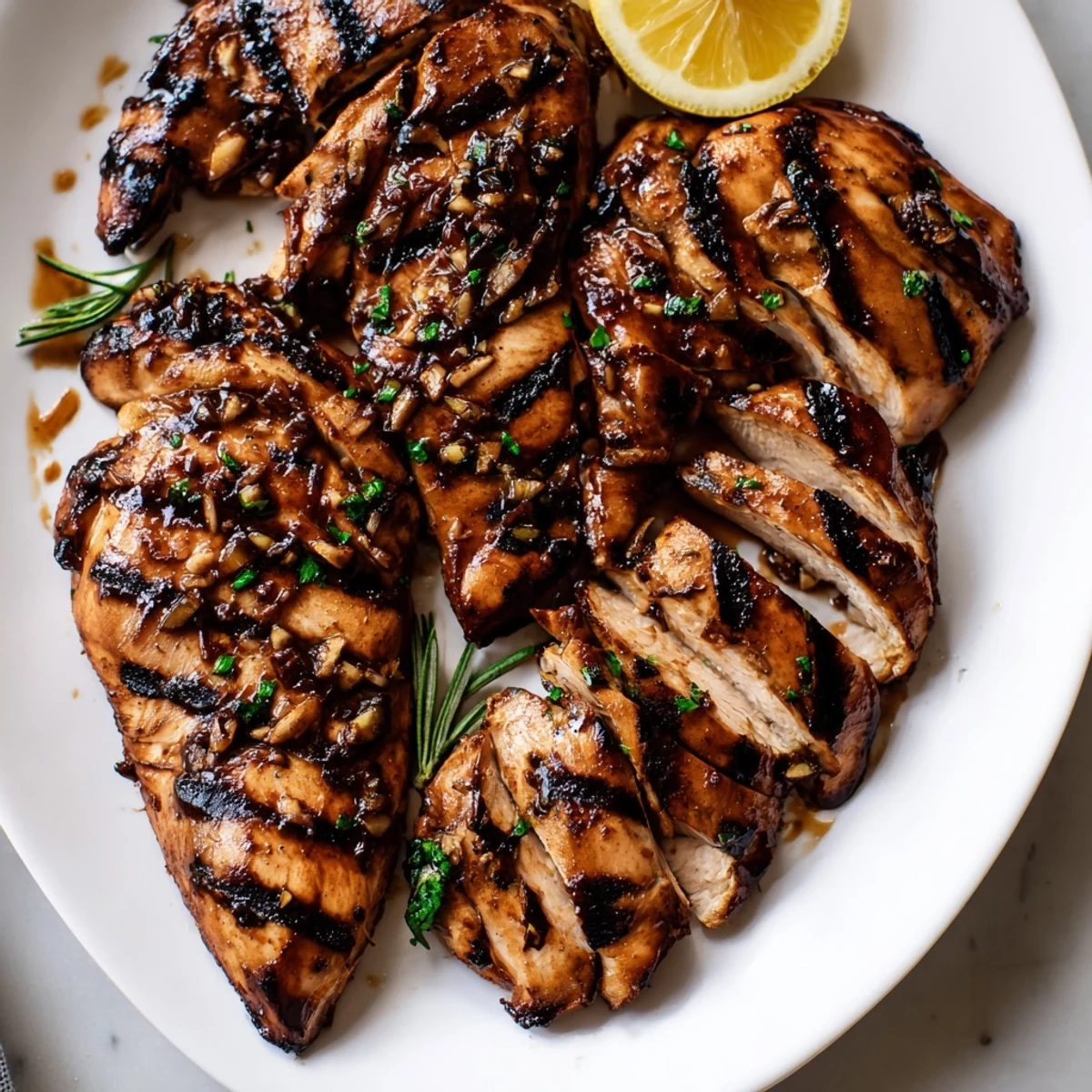 Tender marinated balsamic chicken sliced on a plate with bright lemon wedges