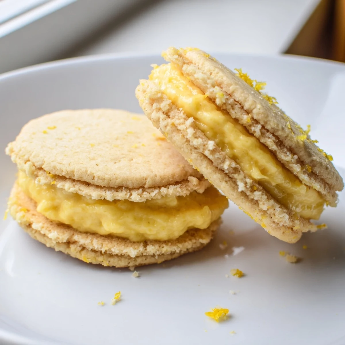 Golden vegan lemon sandwich cookies with creamy citrus filling on a rustic plate