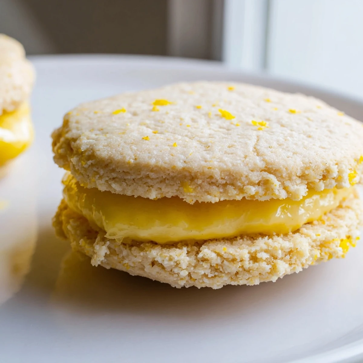 Bright vegan lemon sandwich cookies with thick buttery filling served alongside tea