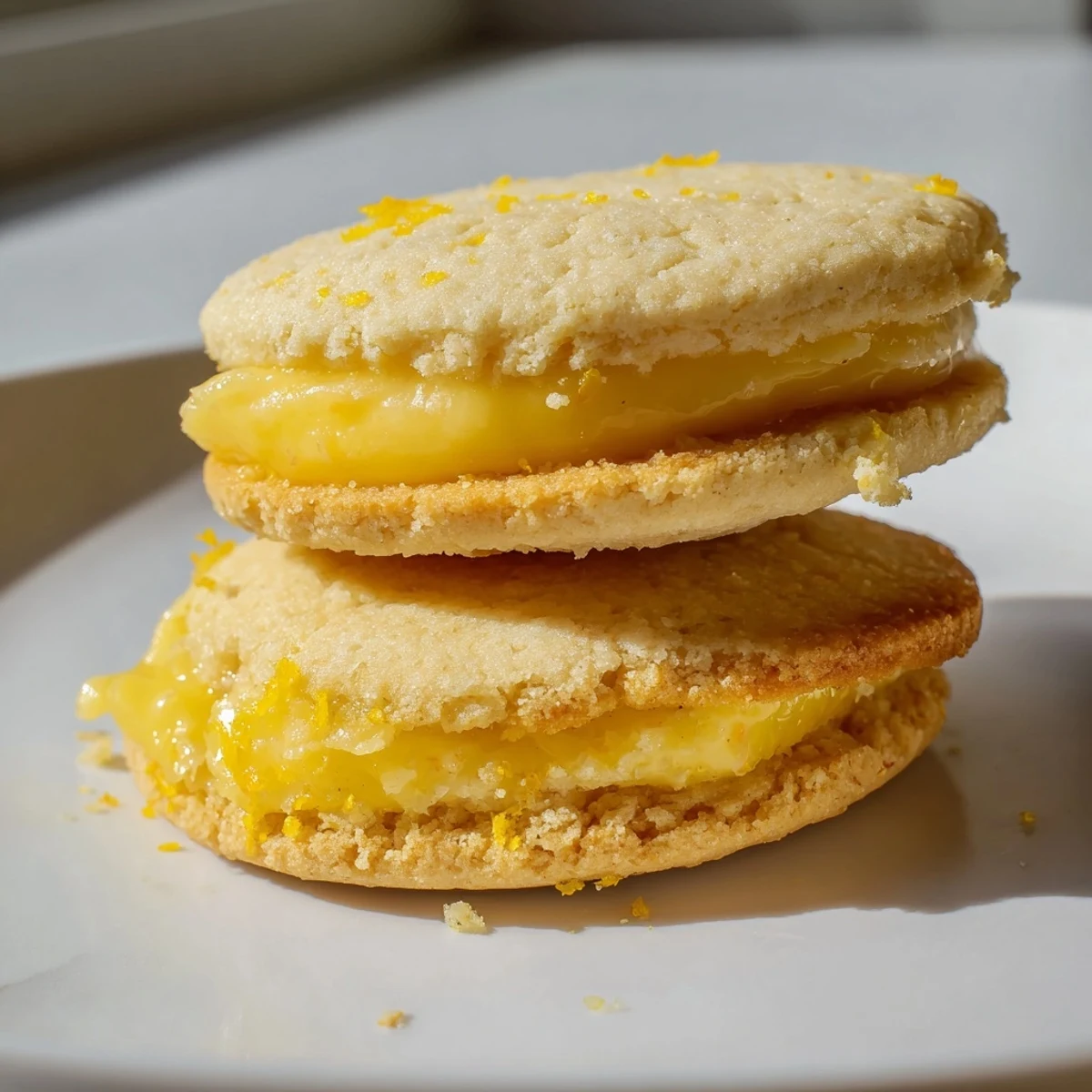 Chewy vegan lemon sandwich cookies dotted with zest and powdered sugar topping