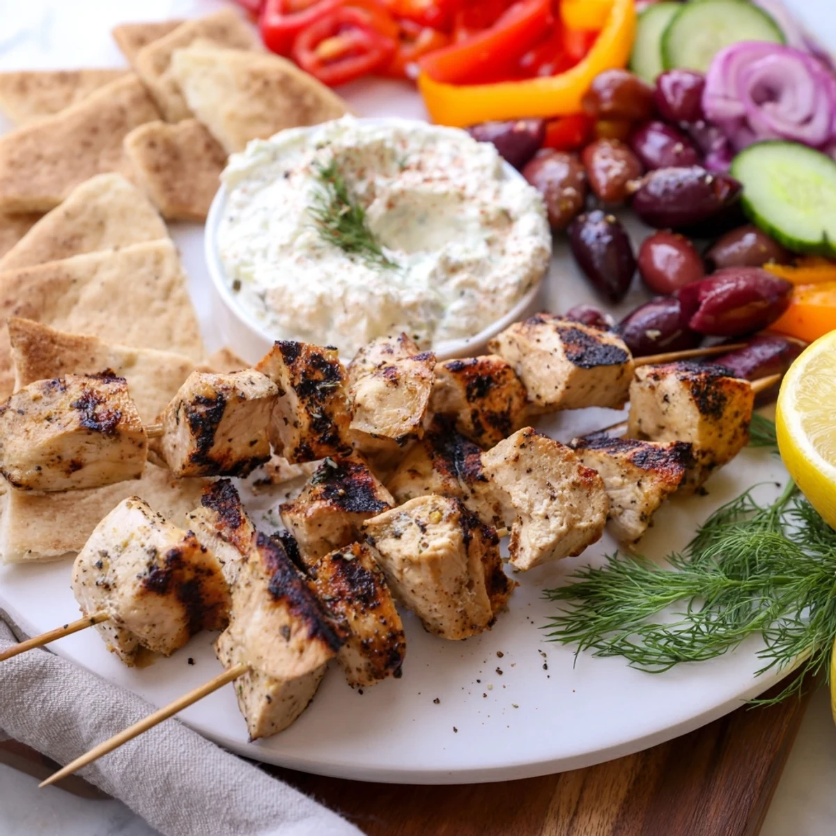 Greek chicken souvlaki grazing board with grilled skewers, garlic feta, olives, and fresh vegetables