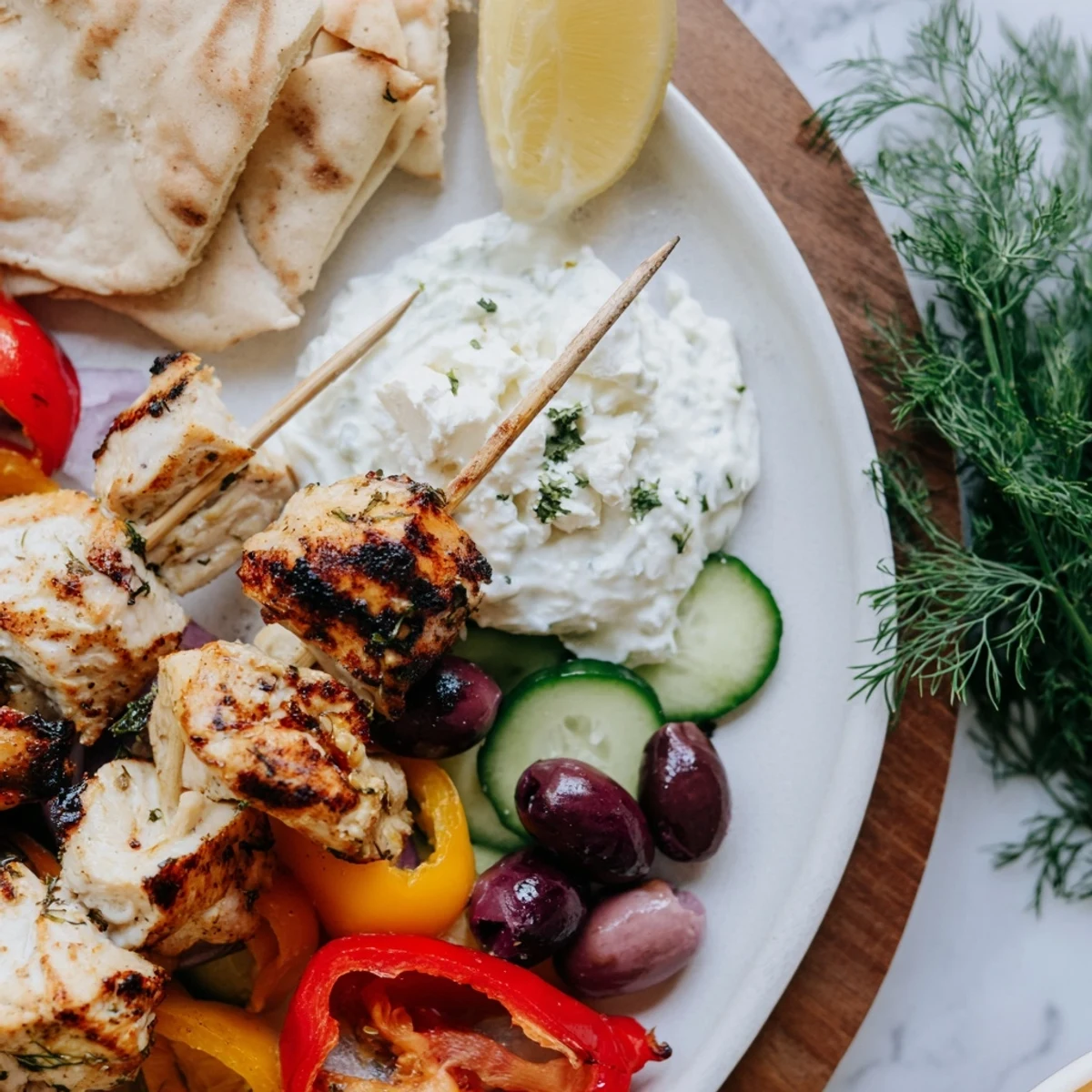 Rustic wooden board piled high with Greek chicken souvlaki, whipped garlic feta, pita, and crisp veggies