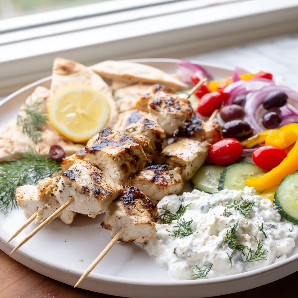 Vibrant Greek chicken souvlaki grazing board showcasing charred skewers, creamy feta dip, and colorful Mediterranean fixings