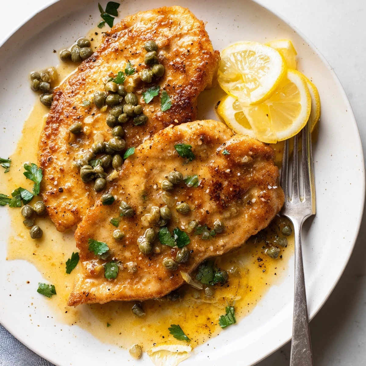 Tender Crock Pot Lemony Chicken Piccata drizzled with a bright, tangy lemon caper sauce.