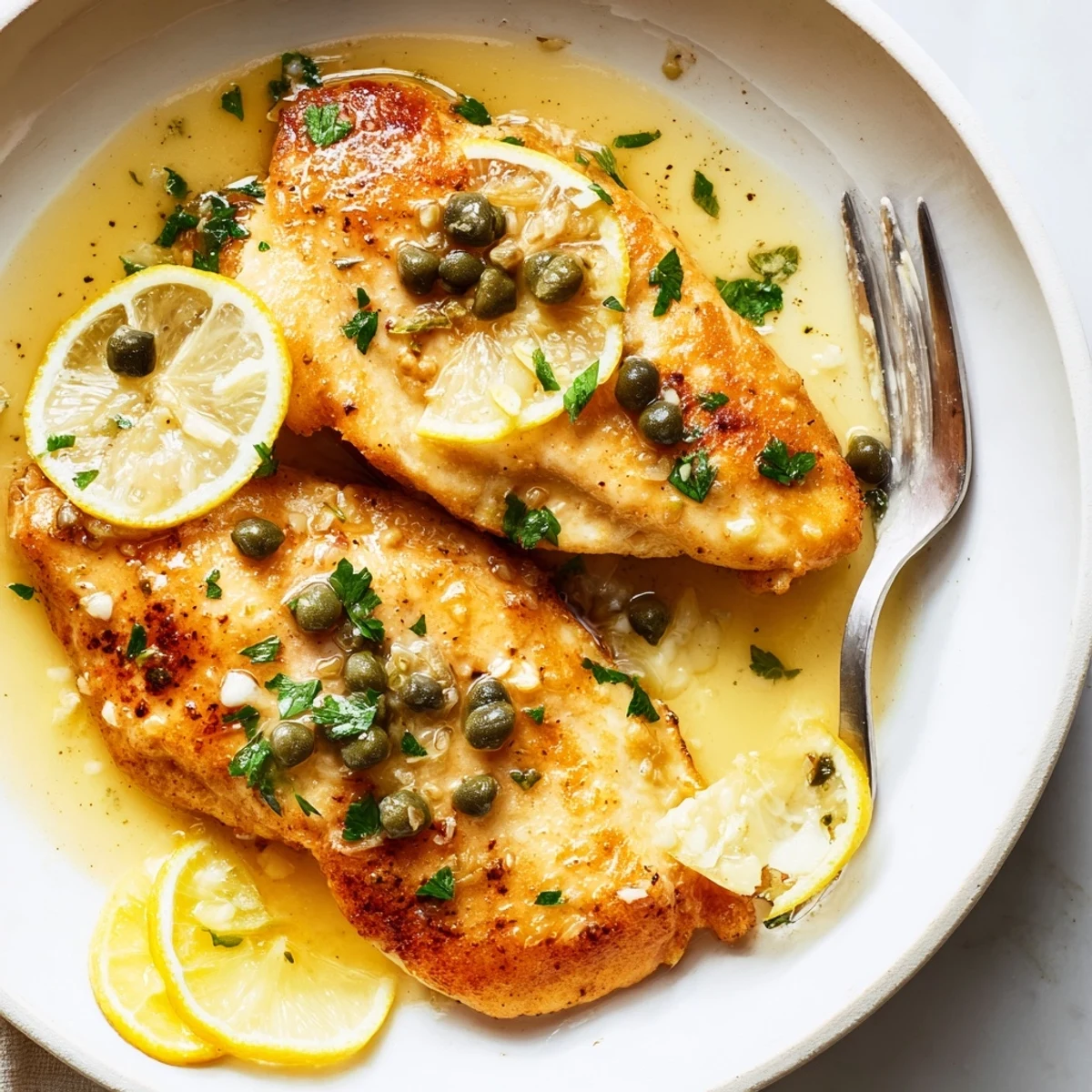 Golden seared Crock Pot Lemony Chicken Piccata garnished with fresh parsley and lemon slices.