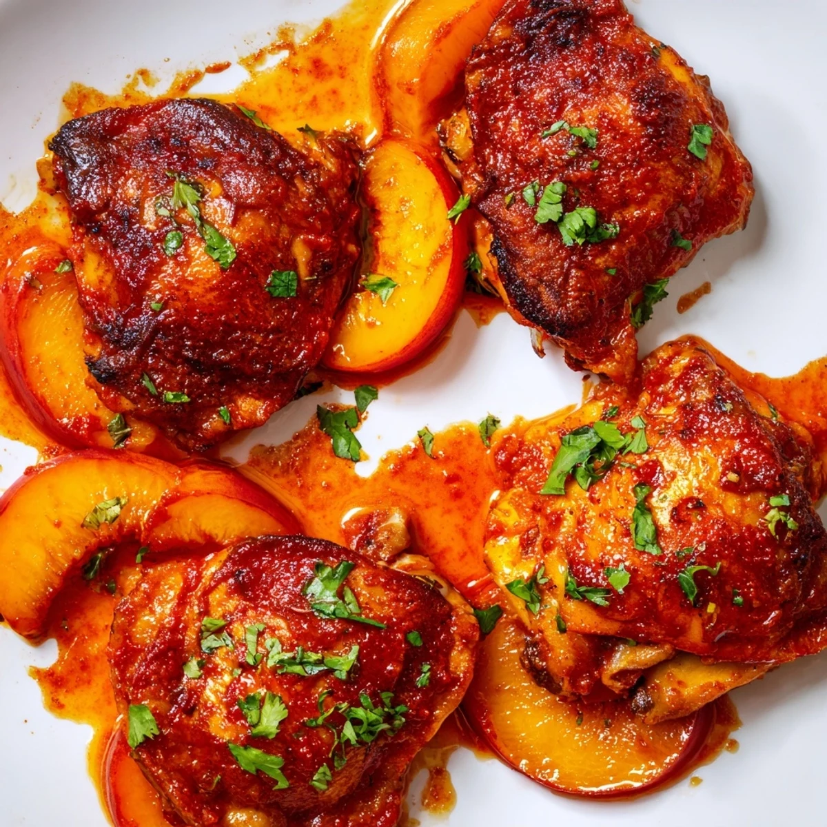 Golden roasted peach BBQ chicken bake with caramelized peach slices and fresh herbs on a rustic dish