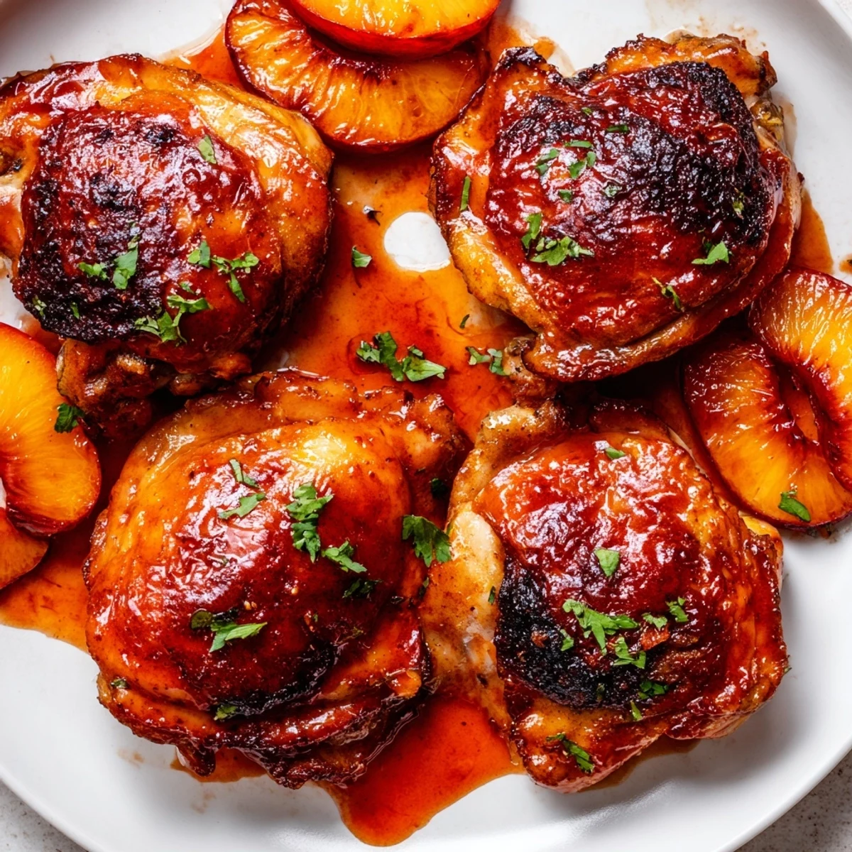Juicy chicken thighs glazed in smoky roasted peach BBQ sauce surrounded by bubbling golden peaches