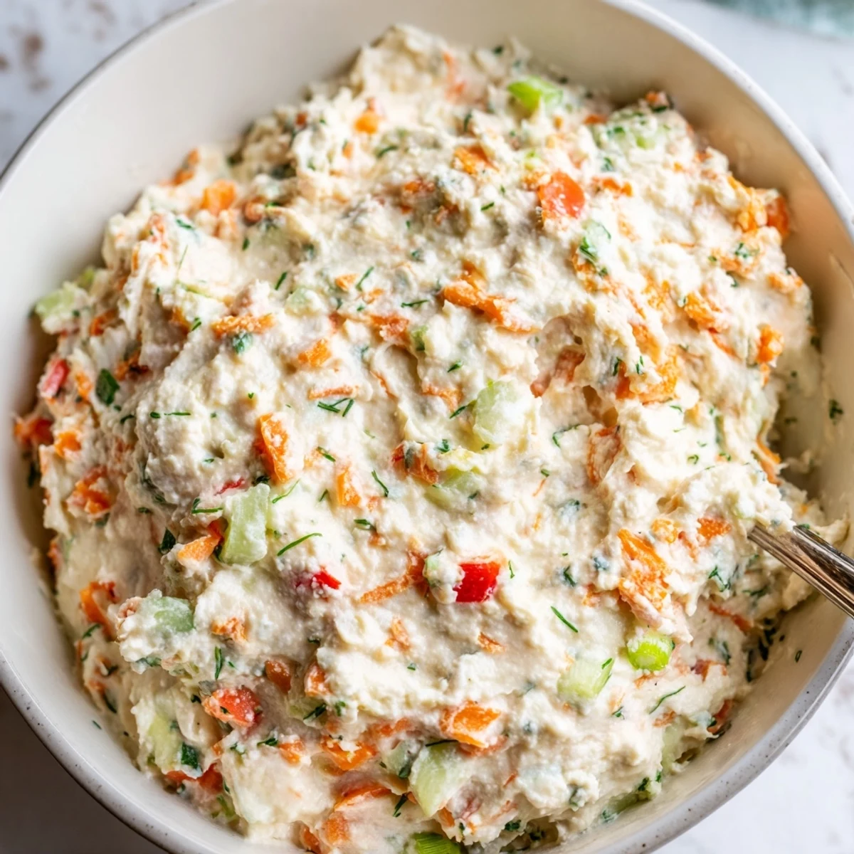 Creamy garden vegetable spread topped with fresh herbs and served with crackers