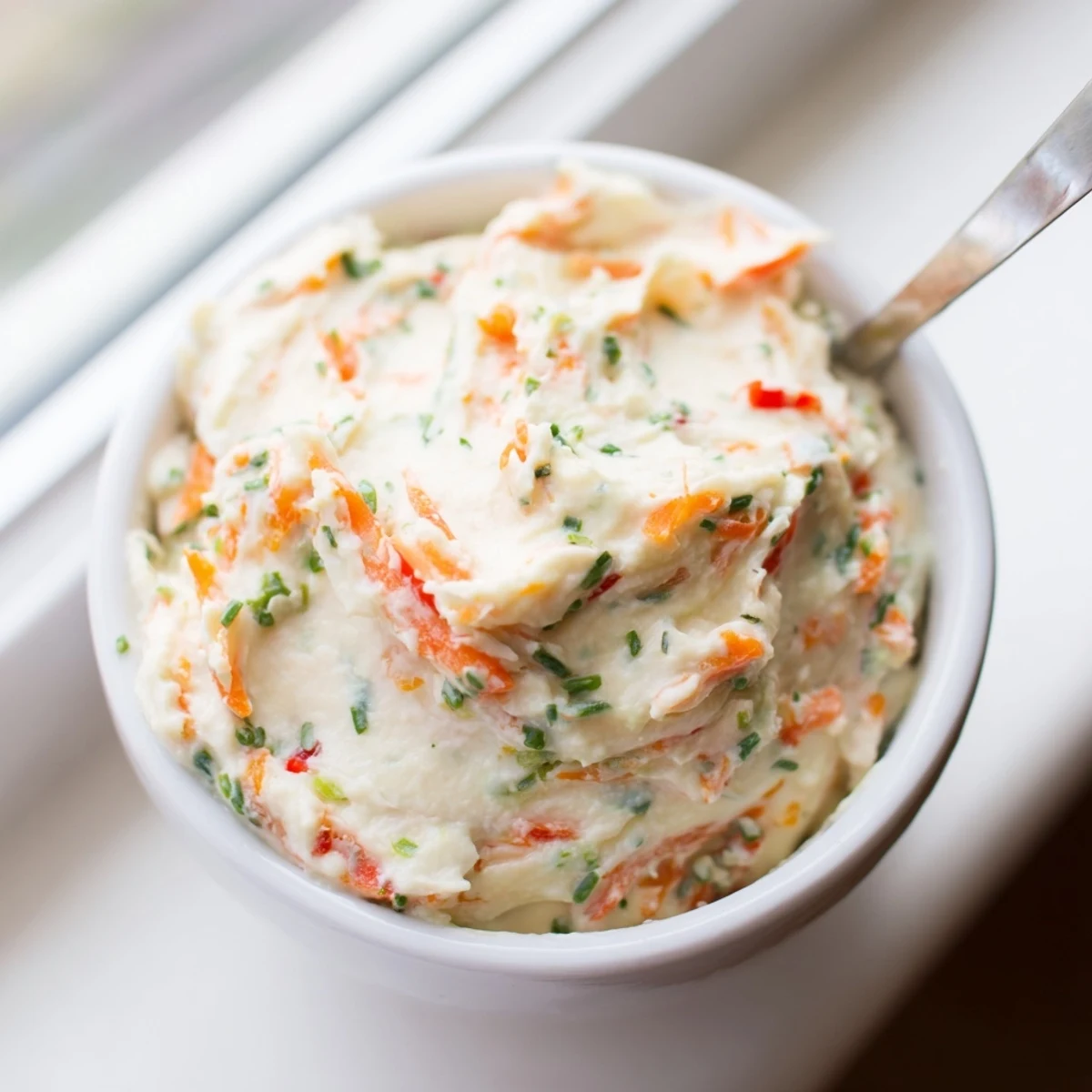 Smooth garden vegetable spread garnished with chives, ready for a summer appetizer platter