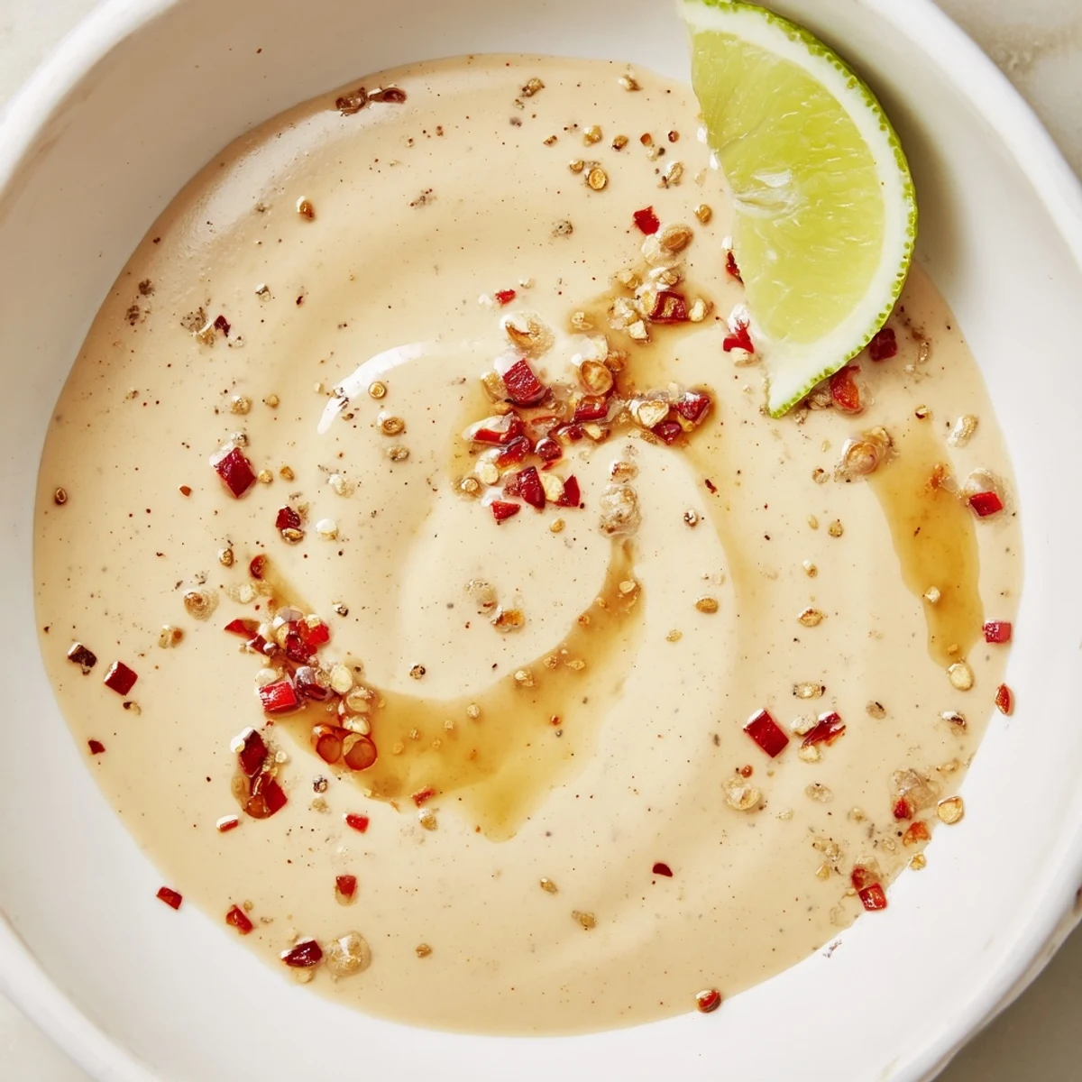 Smooth chili lime tahini sauce in a bowl with lime wedges nearby