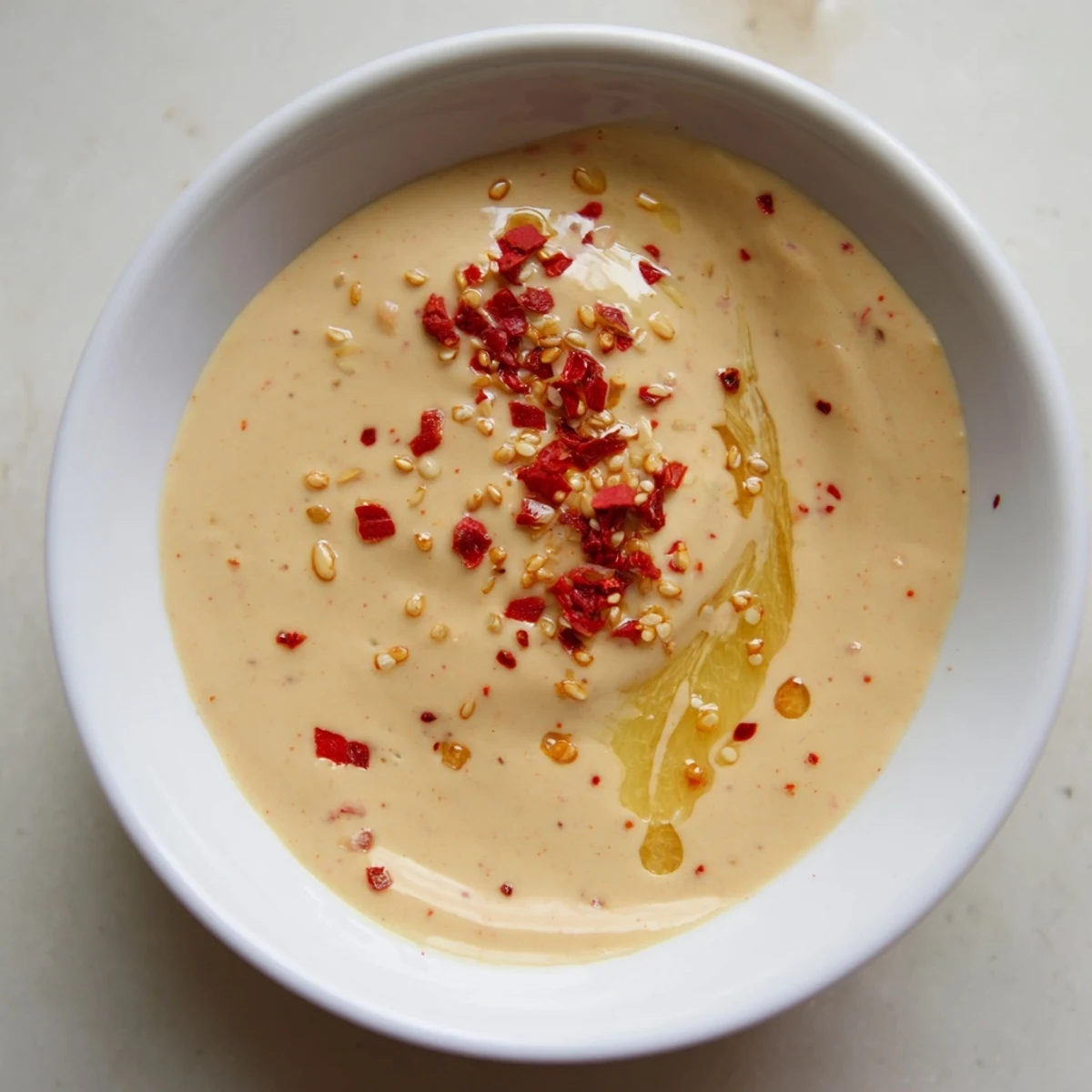 Creamy chili lime tahini sauce drizzled over a crisp grain bowl