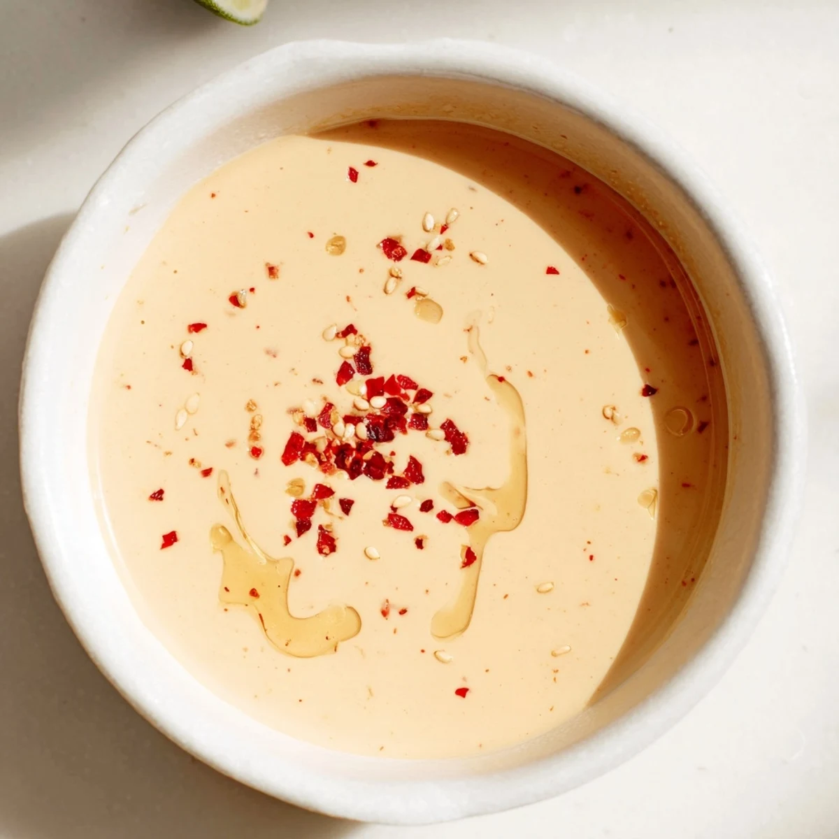 Vibrant chili lime tahini sauce poured over roasted vegetables on a plate