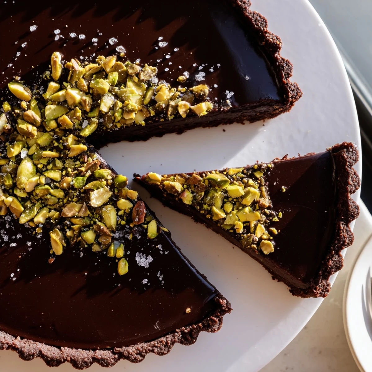 Dark chocolate pistachio tart topped with crunchy green nuts and flaky sea salt