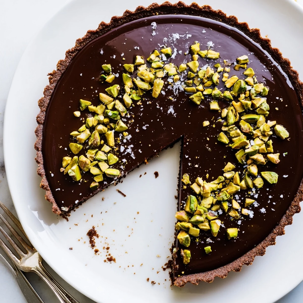 Elegant dark chocolate pistachio tart on a dessert plate with a buttery cocoa crust