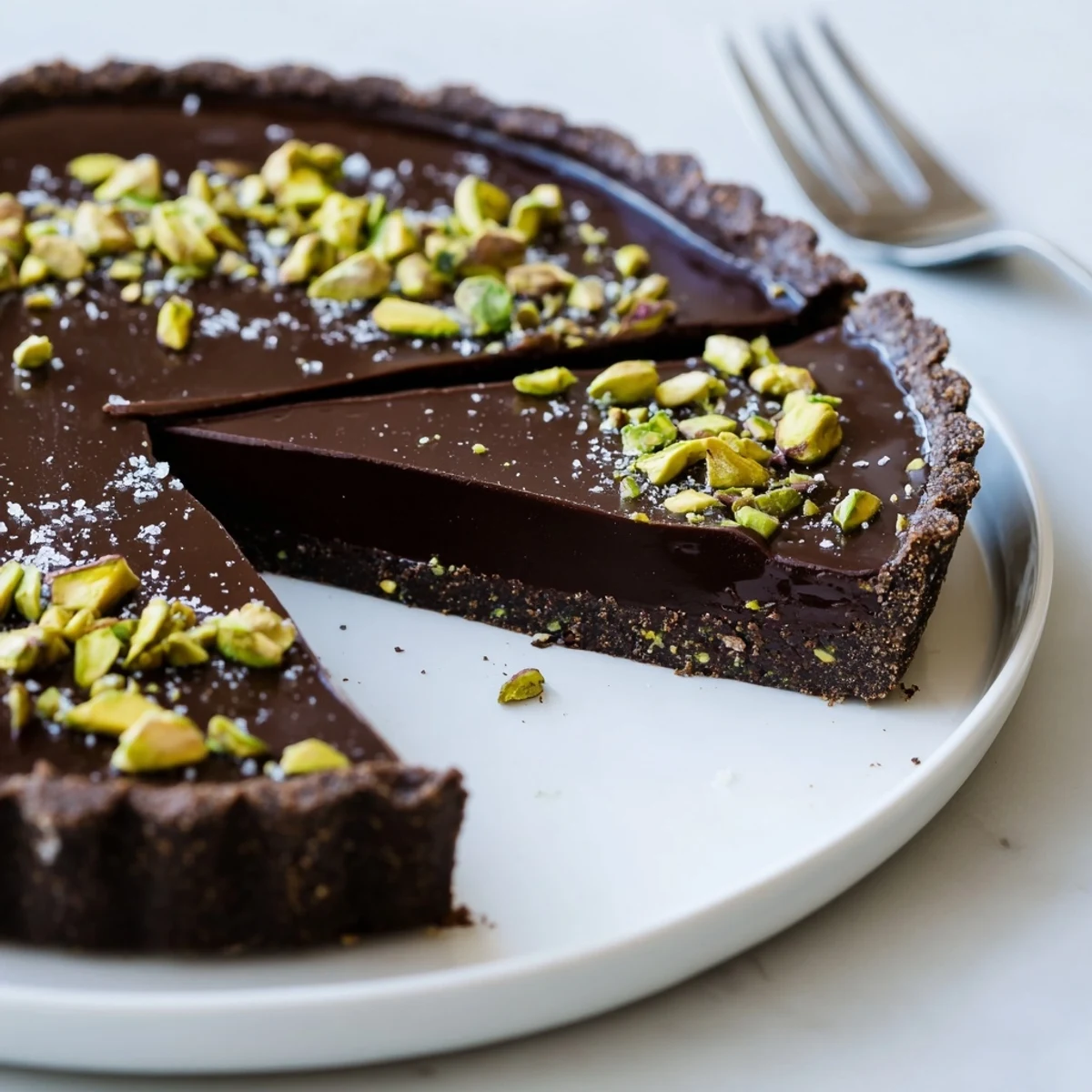 Rich dark chocolate pistachio tart sliced to reveal a silky smooth ganache filling