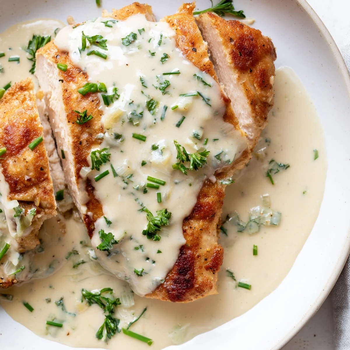 Creamy Boursin sauce with garlic and herbs drizzled over golden pan-seared chicken breast