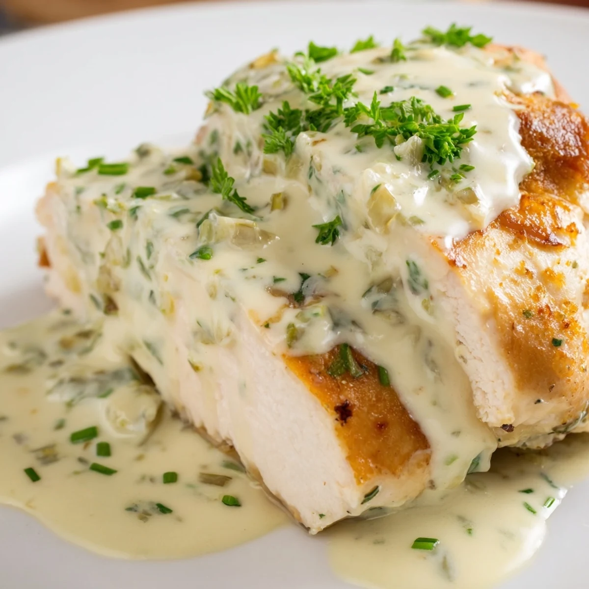 Pan-seared chicken breast smothered in rich, melty Boursin cheese sauce with garlic and herbs