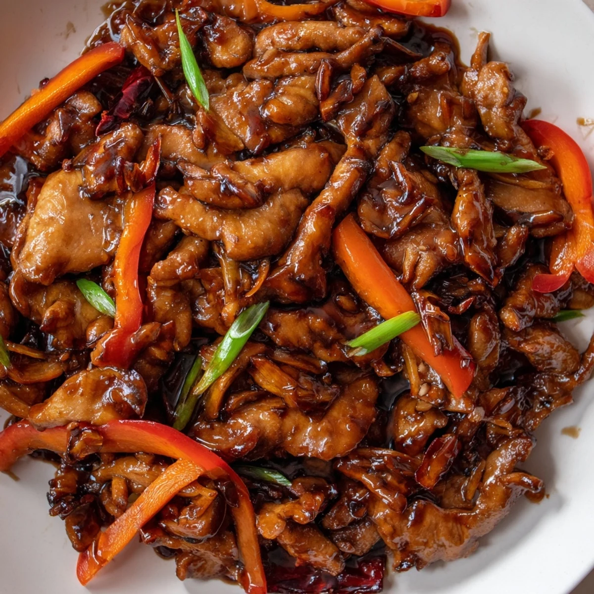 Tender stir fried Chinese garlic chicken glazed in rich garlic ginger sauce with vibrant vegetables