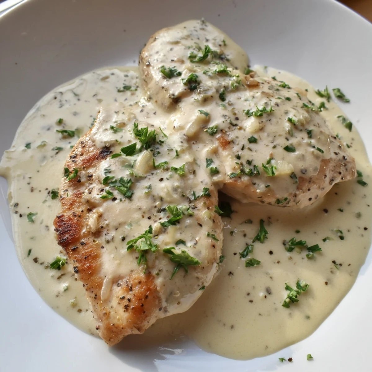 Golden seared cream cheese chicken breasts smothered in a rich Parmesan sauce