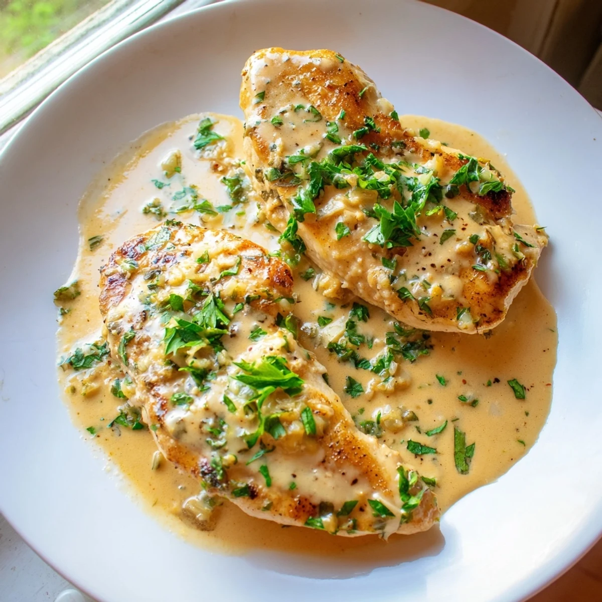 Tender cream cheese chicken bubbling in a velvety herb-flecked cream sauce