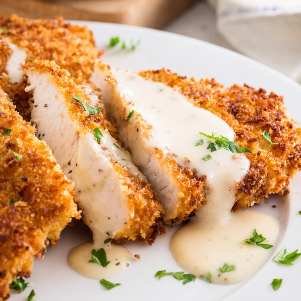 Golden crispy Parmesan chicken drizzled with rich creamy garlic sauce on a white plate