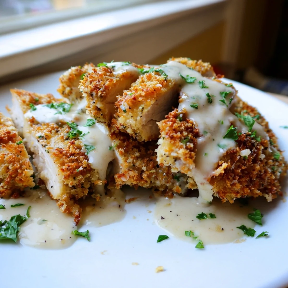 Crispy Parmesan chicken with creamy garlic sauce served over buttered noodles with parsley