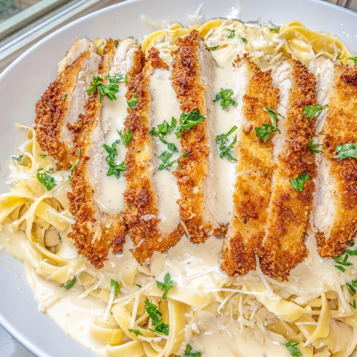 Golden crispy chicken resting on creamy chicken Alfredo pasta with fresh parsley garnish
