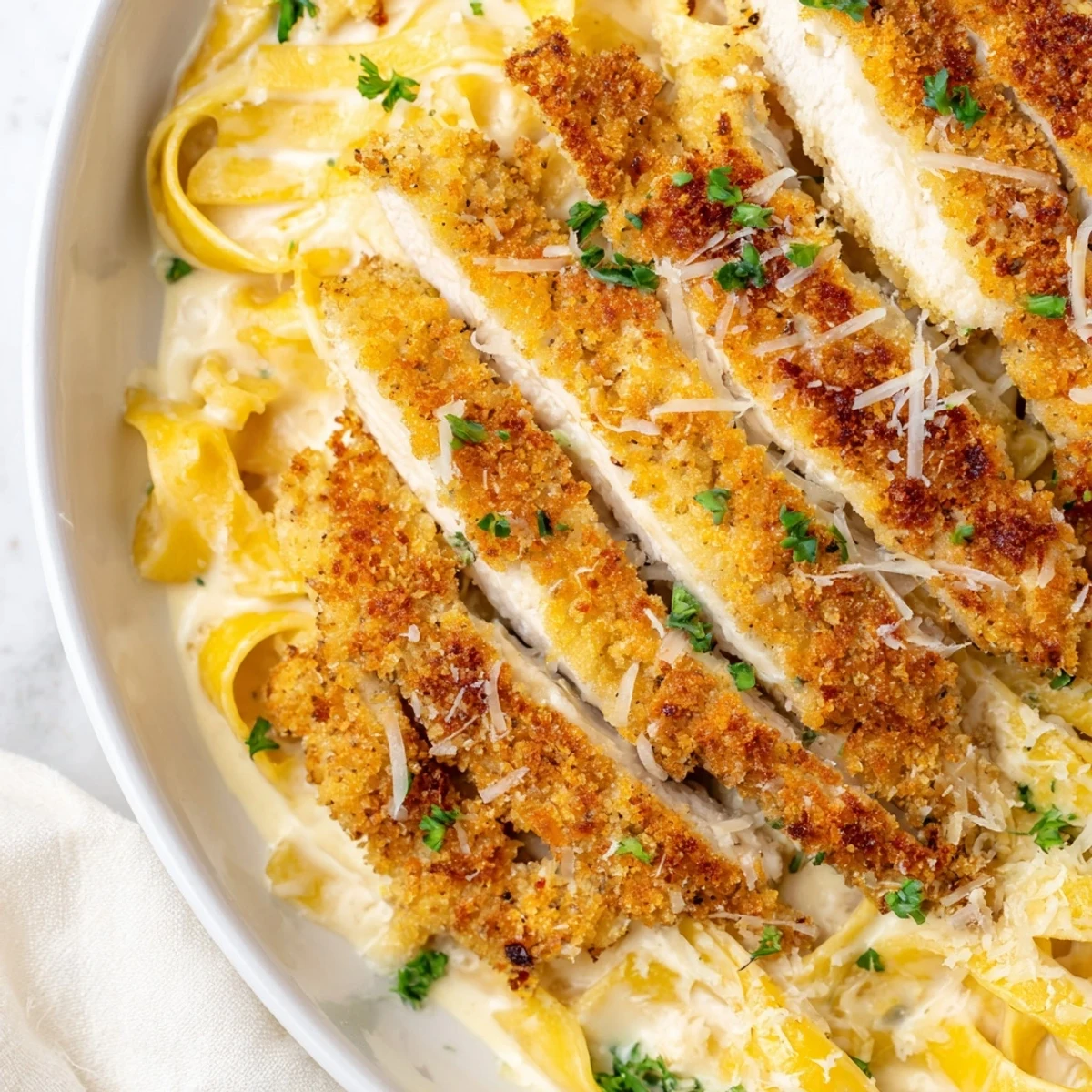 Crispy chicken Alfredo served in a white bowl with melted Parmesan and chopped parsley