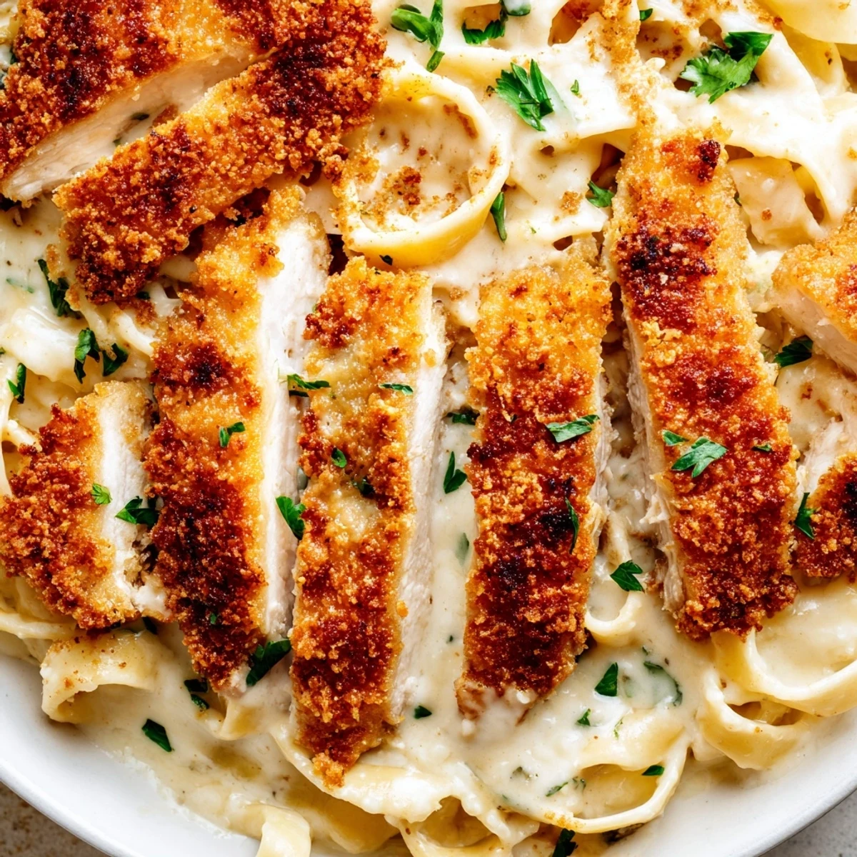 Breaded parmesan-crusted chicken sliced over steaming fettuccine in rich Alfredo sauce