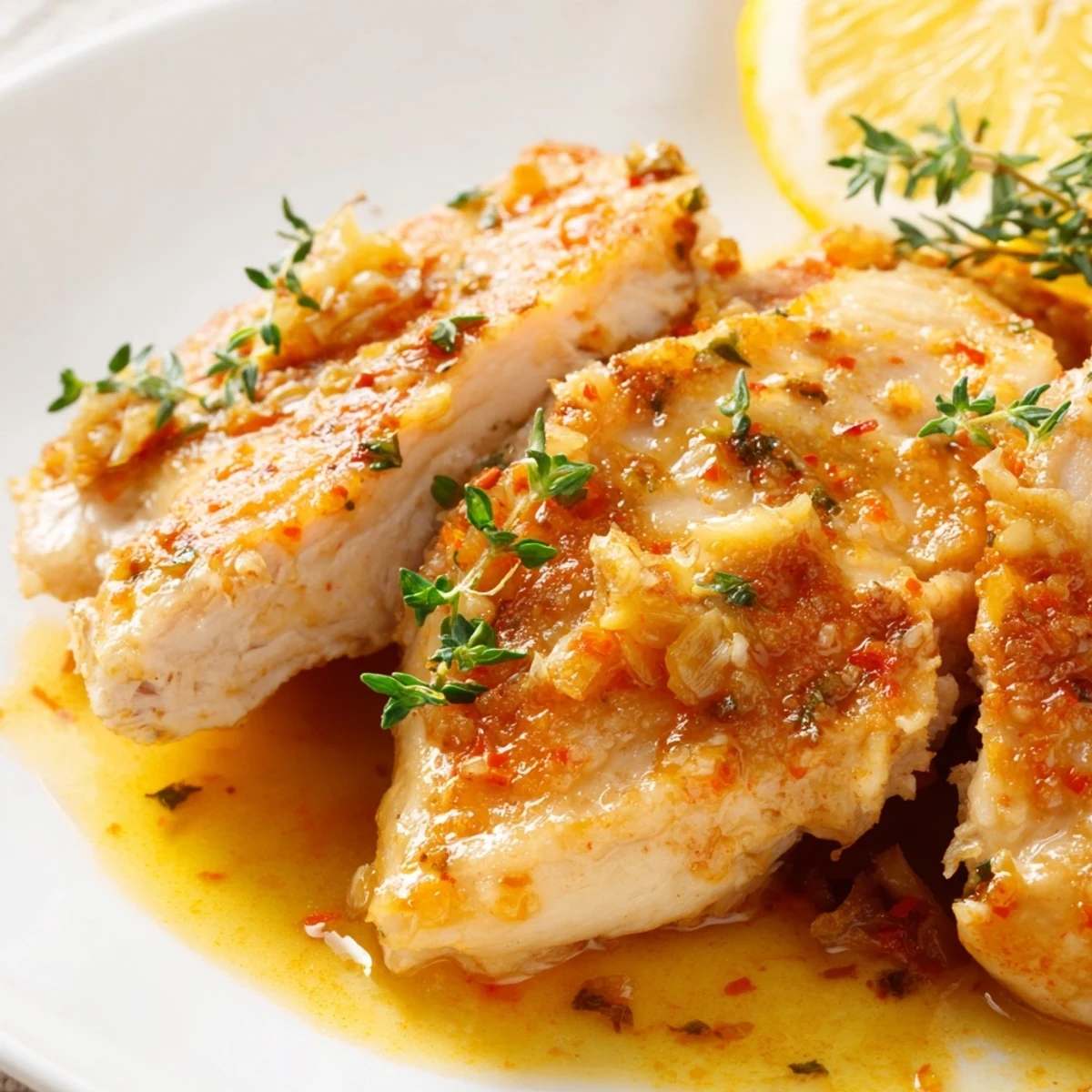 Golden garlic butter baked chicken breast served hot with fresh parsley and lemon wedges