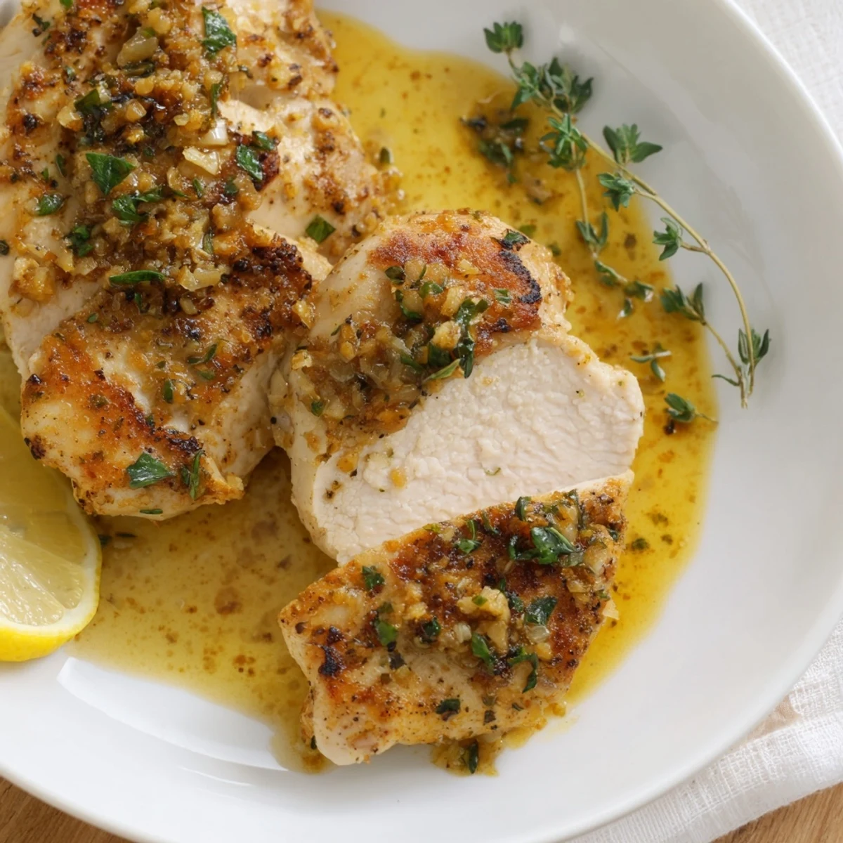 Juicy garlic butter baked chicken breast drizzled in rich herby sauce on a white plate