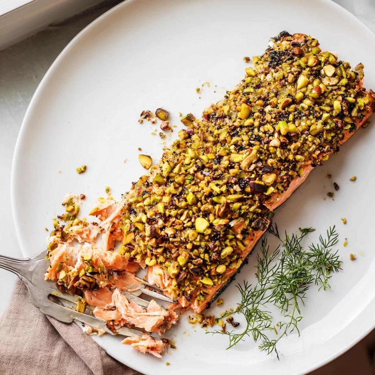 Golden maple pistachio salmon fillet with a crunchy nut crust fresh from the oven
