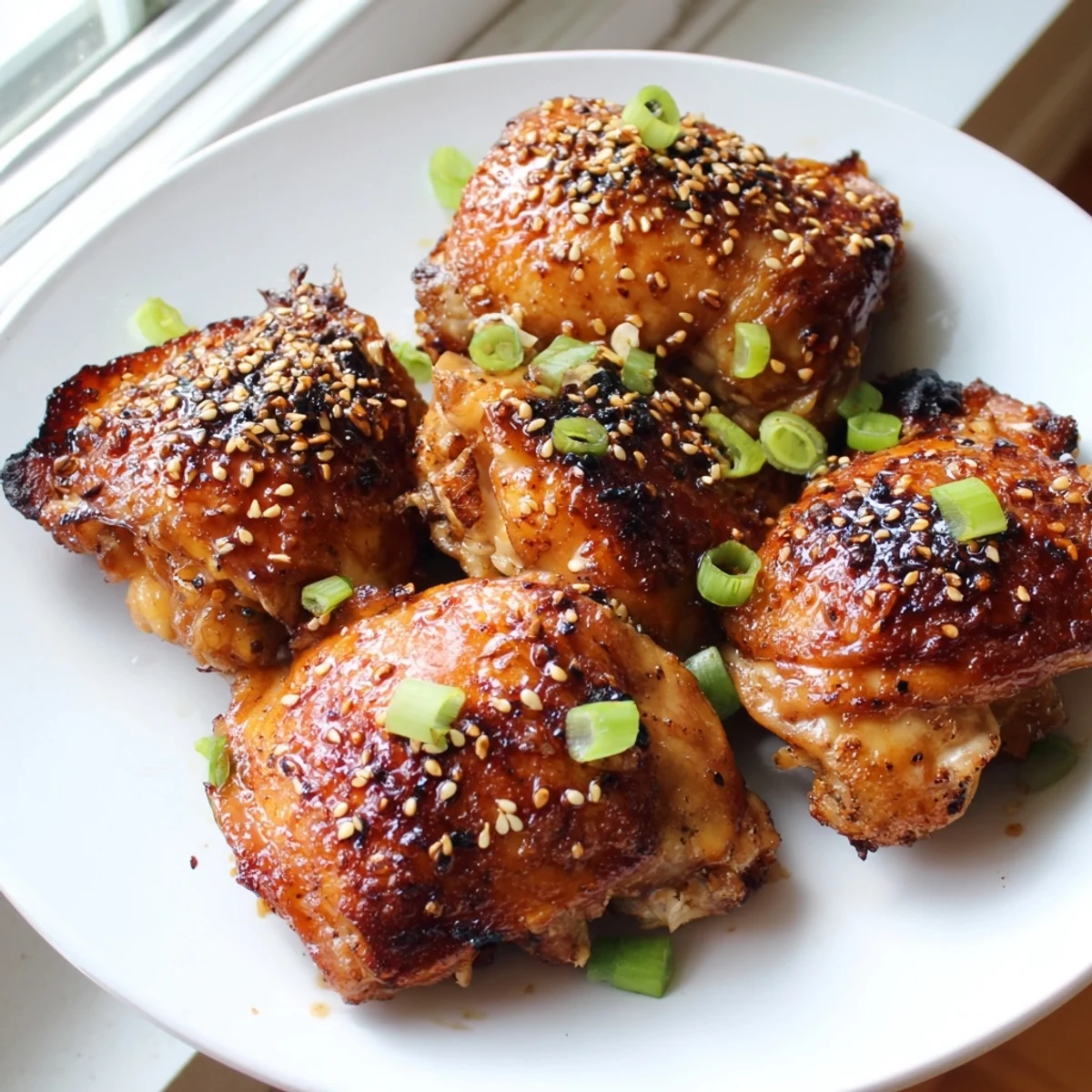 Golden ginger garlic chicken thigh bake garnished with green onions and sesame seeds